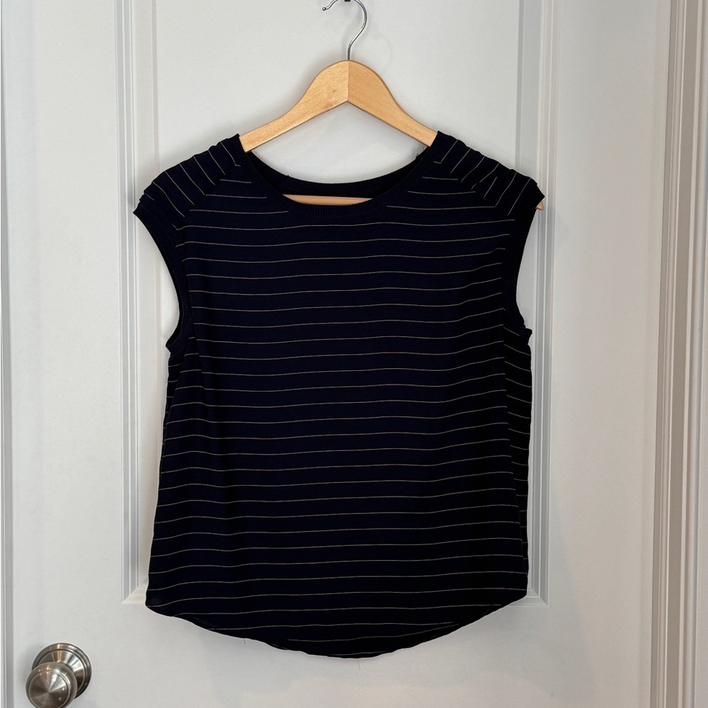 Ann Taylor Navy and Pink Striped T-Shirt Blouse.